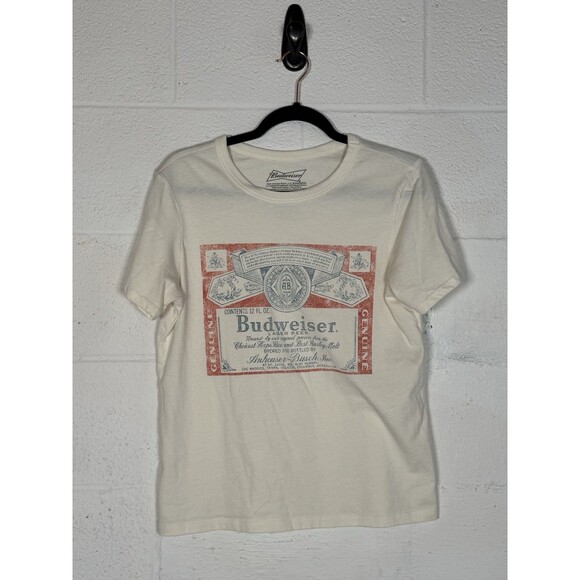Budweiser Beer Label T-Shirt‎ Womens M Cream Red Blue Graphic Tee - Picture 1 of 5